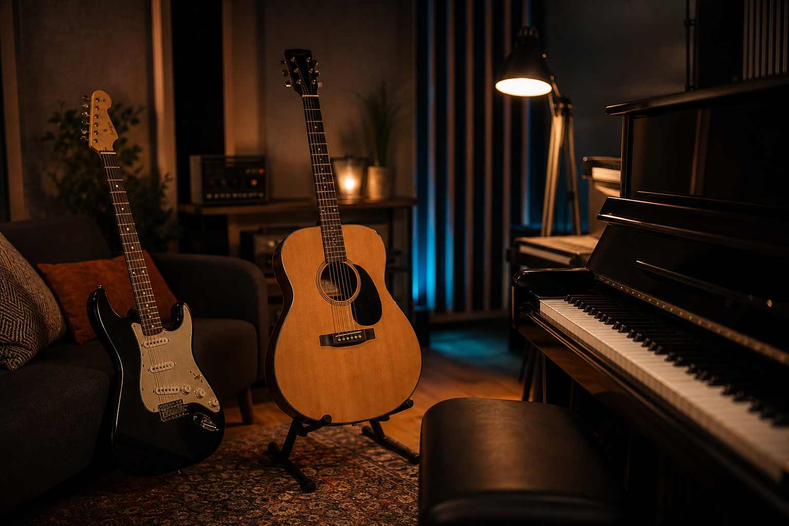 E-Gitarre, Akustik-Gitarre und Klavier in einem Studio